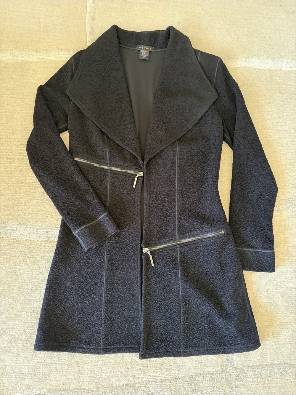 eva varro Black Bouclé Trench with Asymmetric Zipper Details